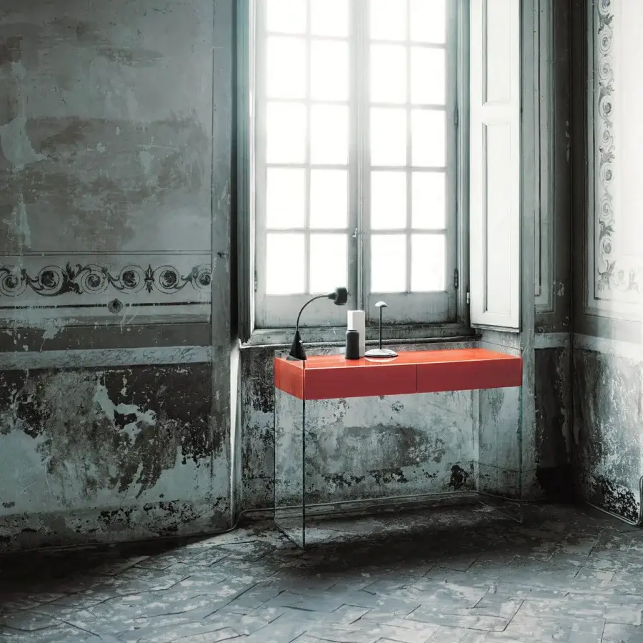 Exceptional Glas Italia Float console with glossy lacquered red and wengé wood built with transparent extralight glass sides