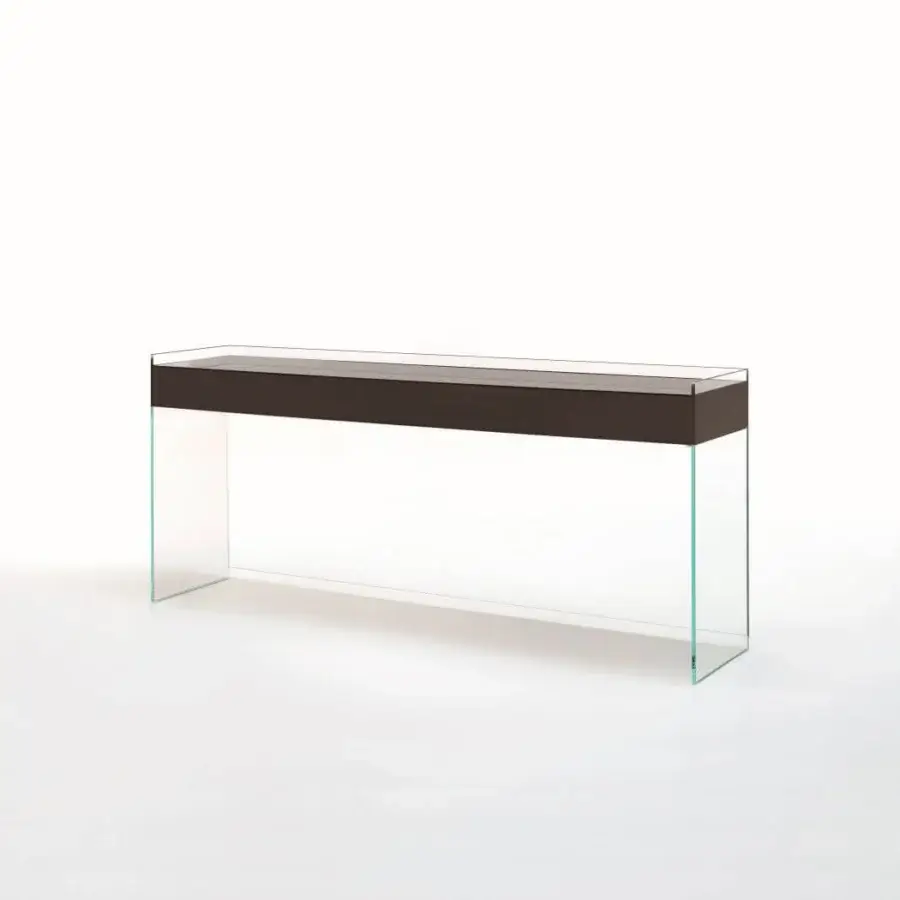 Superior Glas Italia Float console with wengé wood top and transparent extralight glass base in glossy lacquered finish