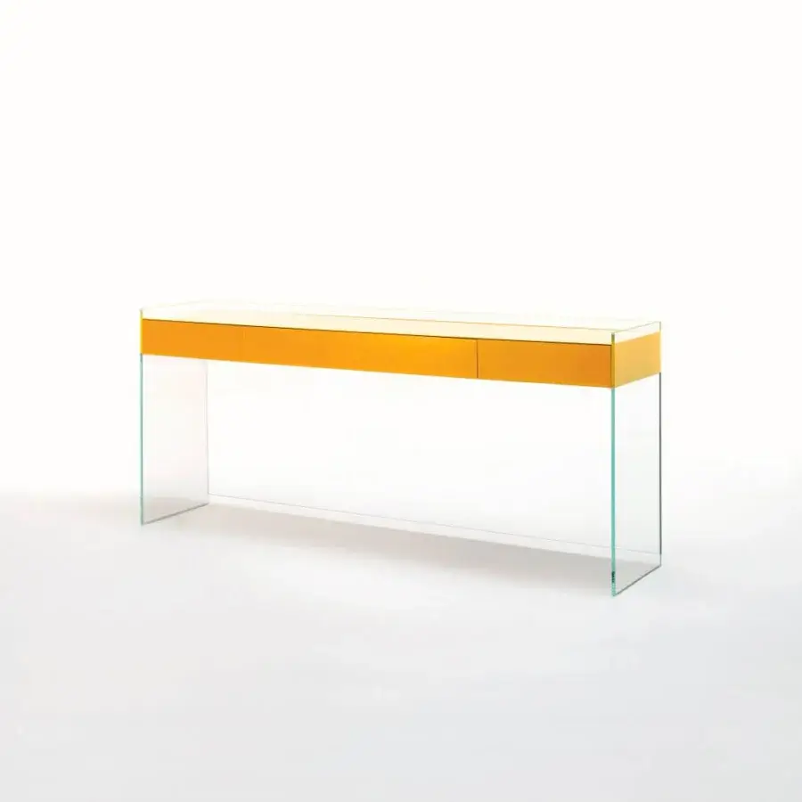 Distinguished Glas Italia Float console with wengé wood drawers and glossy yellow lacquered finish supported by transparent extralight glass legs