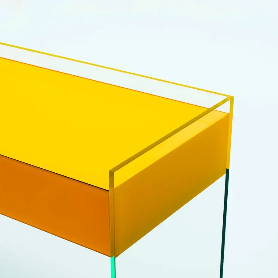 Exceptional Glas Italia Float console crafted in transparent extralight glass with wengé wood drawers and glossy yellow tempered glass