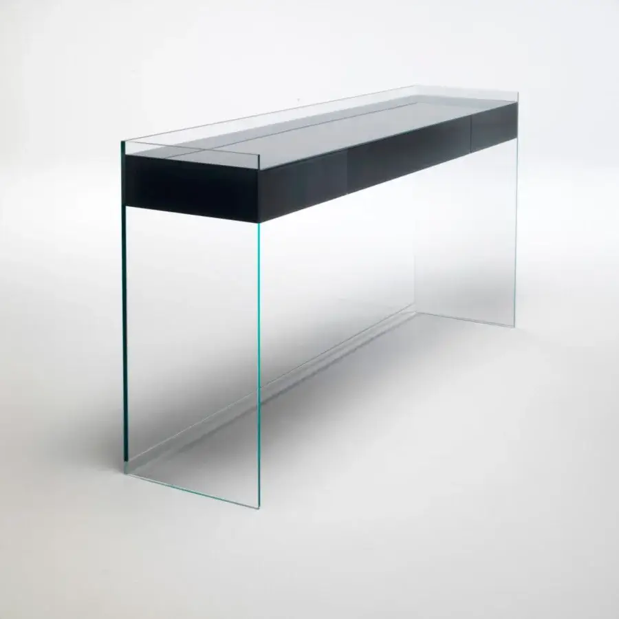 Superior Glas Italia Float console built in transparent extralight glass with wengé wood drawers and glossy lacquered finish