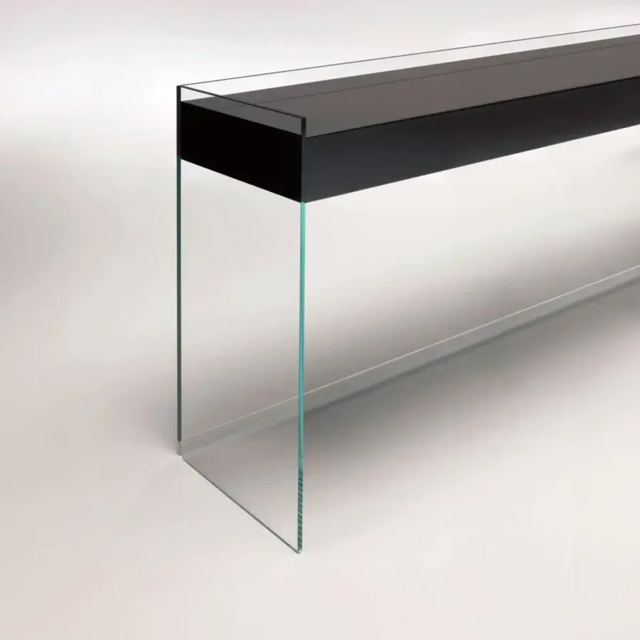 Elegant Glas Italia Float console built in transparent extralight glass with wengé wood drawers and glossy finish