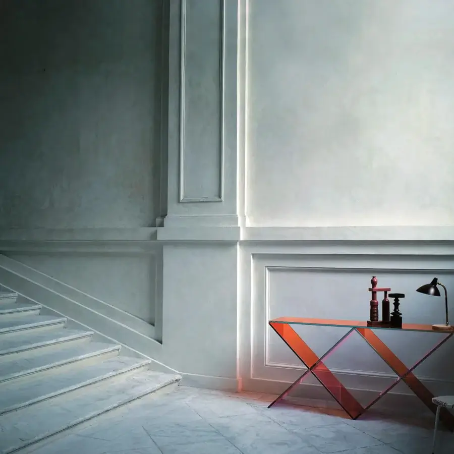 Elegant Glas Italia XX console crafted in transparent pink and orange laminated glass with polished chrome metal accents