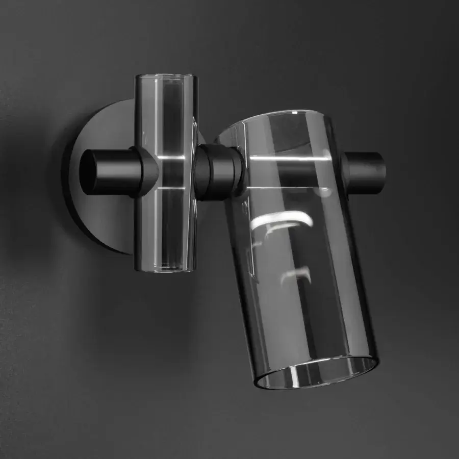 Captivating Oluce Dancing Glass Wall Lamp crafted in transparent glass with matte black metal delivering adjustable LED lighting