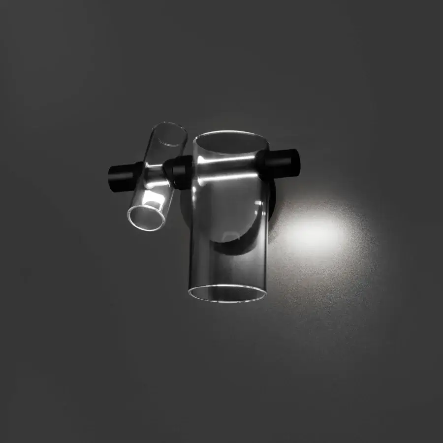 Superior Oluce Dancing Glass Wall Lamp crafted in clear glass with sleek black metal accents