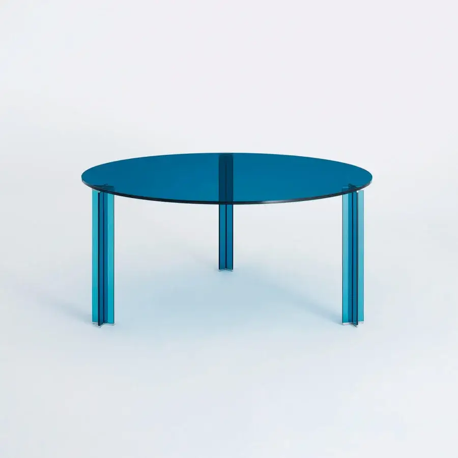 Captivating Glas Italia X-T round table in blue paste glass with 10mm tempered glass legs and UV-bonded construction