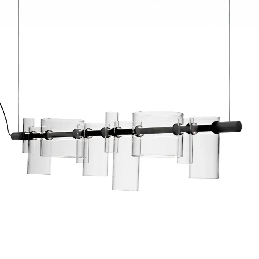 Distinguished Oluce Dancing Glass suspension lamp crafted in clear glass and matte black metal with a dynamic interplay of light and shadow