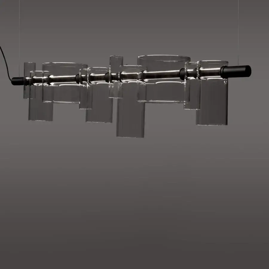 Exceptional Oluce Dancing Glass suspension lamp crafted in transparent glass and matte black metal with dynamic shapes