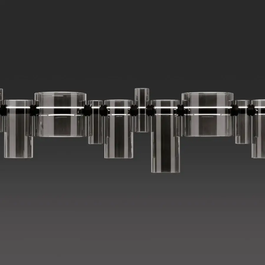 Captivating Oluce Dancing Glass suspension lamp built in transparent glass cylinders with a matte metal bar