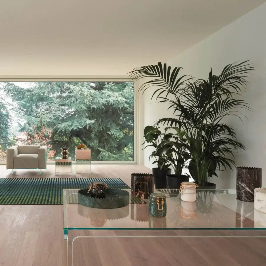 Distinguished Glas Italia Oscar table crafted in transparent extralight glass with a subtly visible light brown wood frame