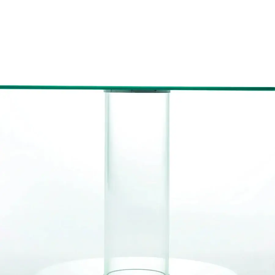 Distinguished Glas Italia Hub table crafted in clear glossy tempered glass with a borosilicate glass base and anodized aluminum rings
