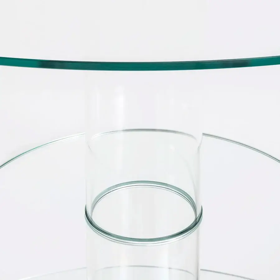 Exceptional Glas Italia Hub table built in clear tempered glass with a glossy borosilicate glass cylinder connection