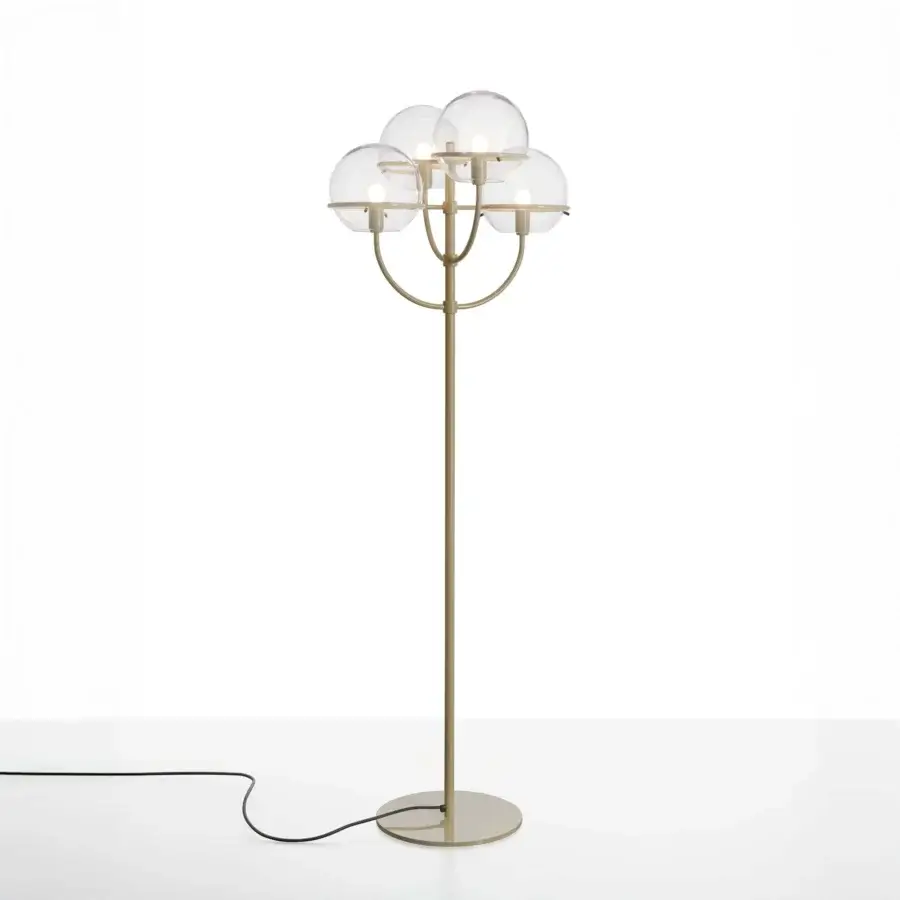 Elegant Oluce Lyndon floor lamp crafted in metal with clear polycarbonate spheres and warm gold satin finish