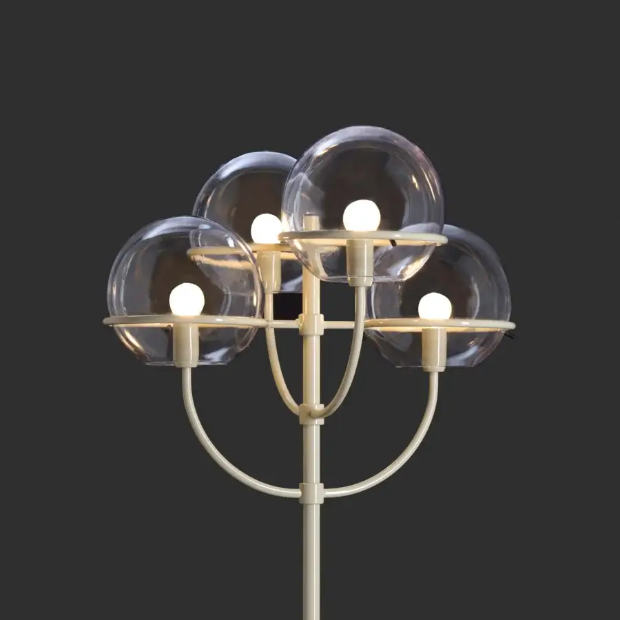 Distinguished Oluce Lyndon floor lamp crafted in light beige matte metal with transparent polycarbonate spheres