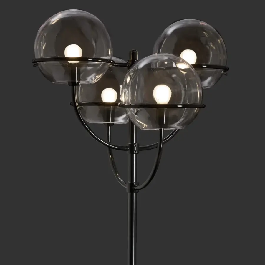 Exceptional Oluce Lyndon floor lamp crafted in transparent polycarbonate with a dark matte metal stem