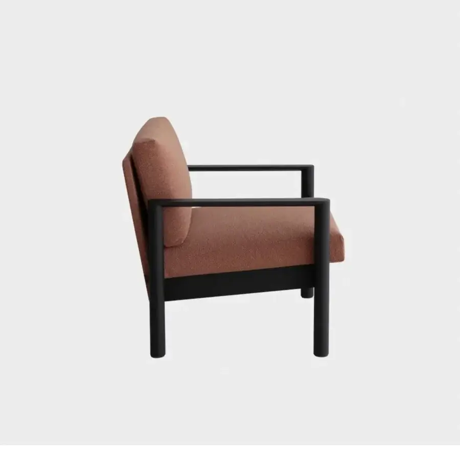 Exceptional Lapalma 10:30 lounge chair crafted with reddish-brown textile upholstery and a matte dark gray metal frame with a solid ash base