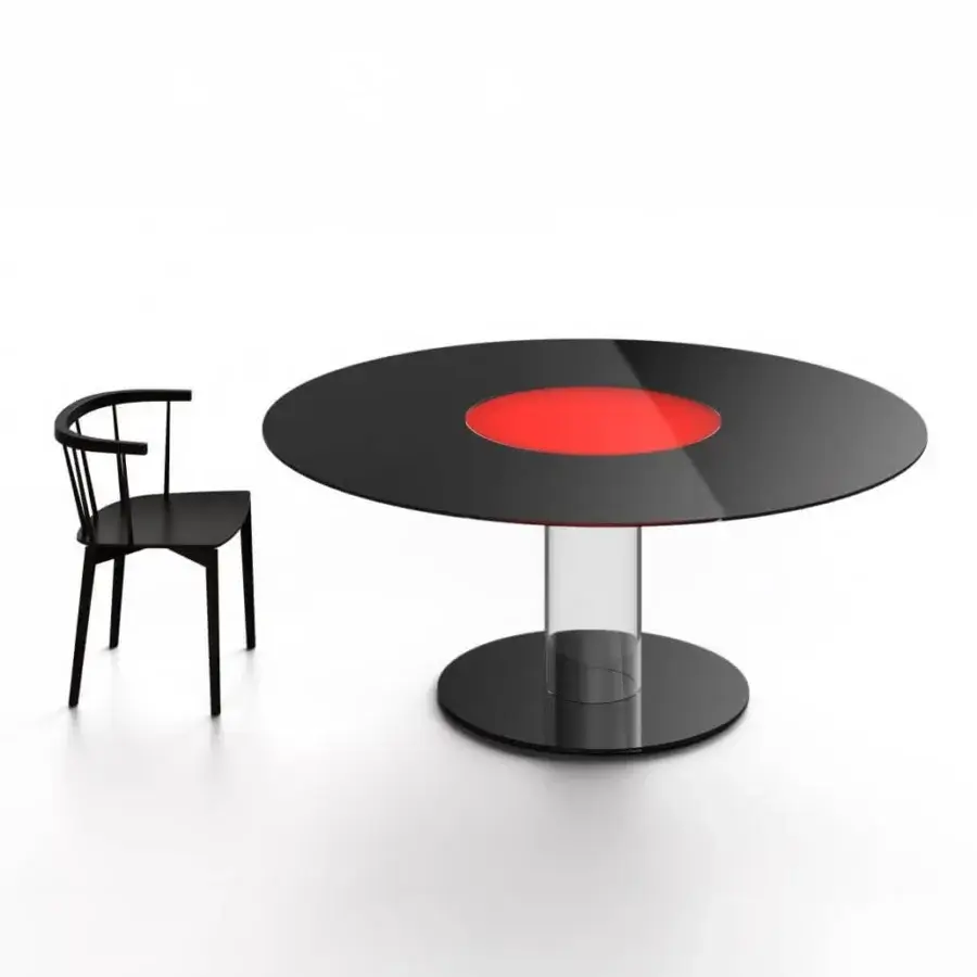 Elegant Glas Italia Hub lazy Susan table with a red rotating disc and dark glossy lacquered glass components