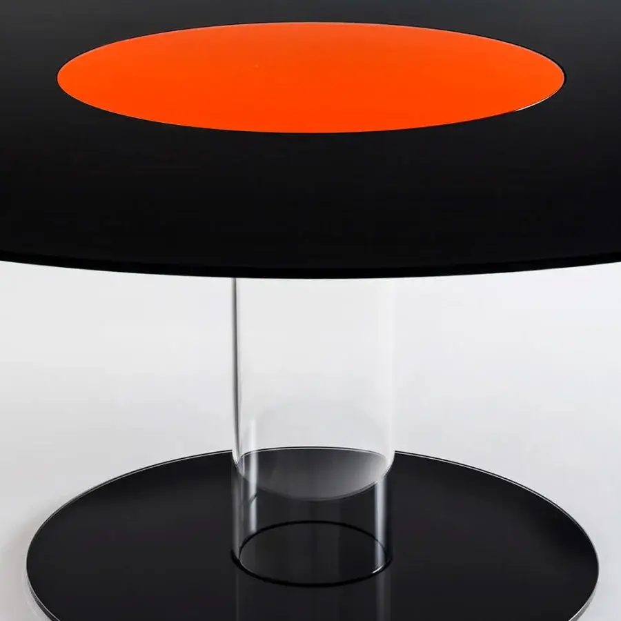 Exceptional Glas Italia Hub lazy Susan table in tempered glass with a glossy finish and vibrant orange rotating disc