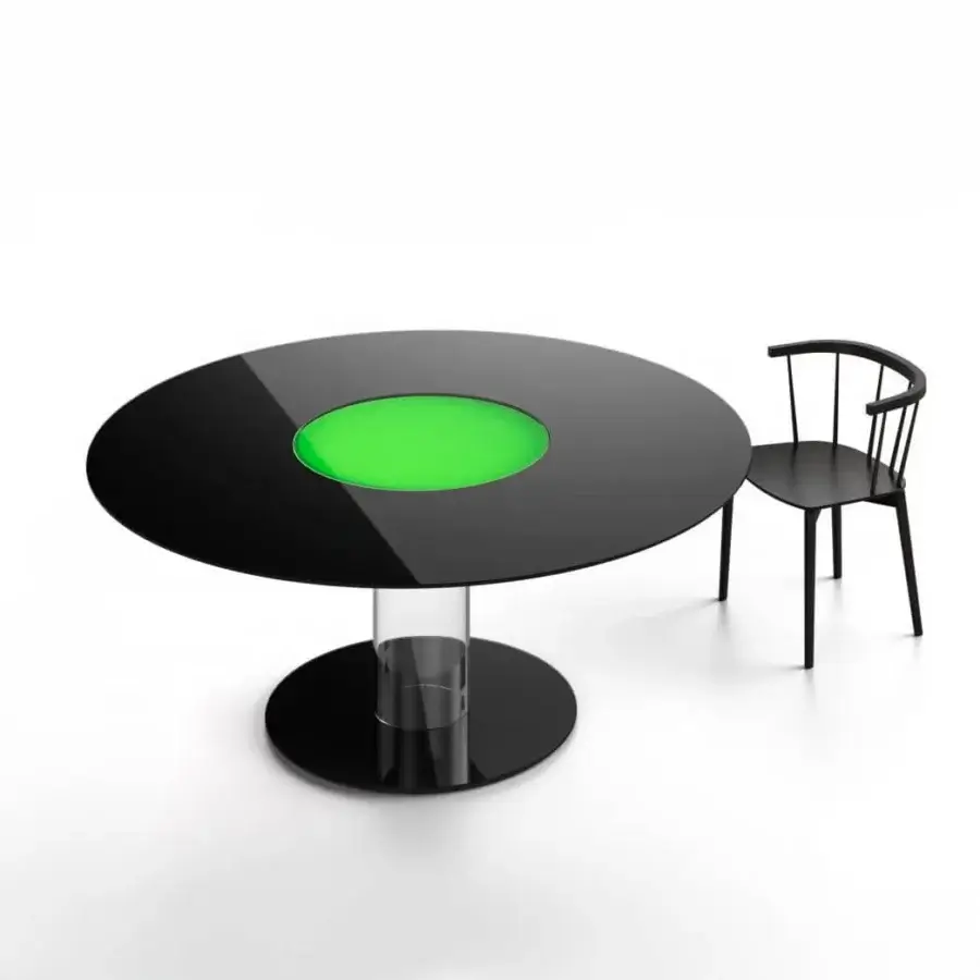 Distinguished Glas Italia Hub lazy Susan table in glossy black tempered glass with a vibrant green rotating disc and transparent cylinder base