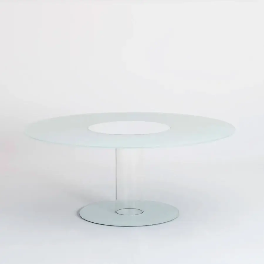 Superior Glas Italia Hub lazy Susan table in pale blue-green tempered glass with a white opaque rotating disc and glossy lacquered finish