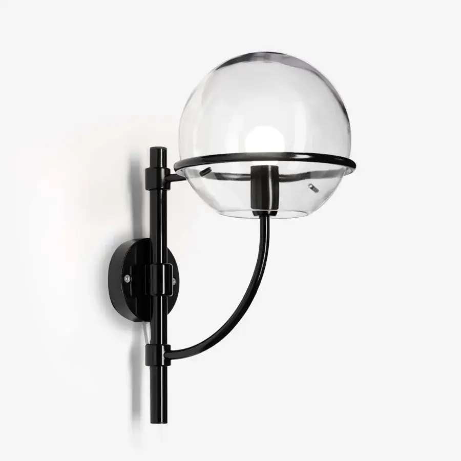 Superior Oluce Lyndon wall lamp with a sleek black metal frame and transparent polycarbonate spheres