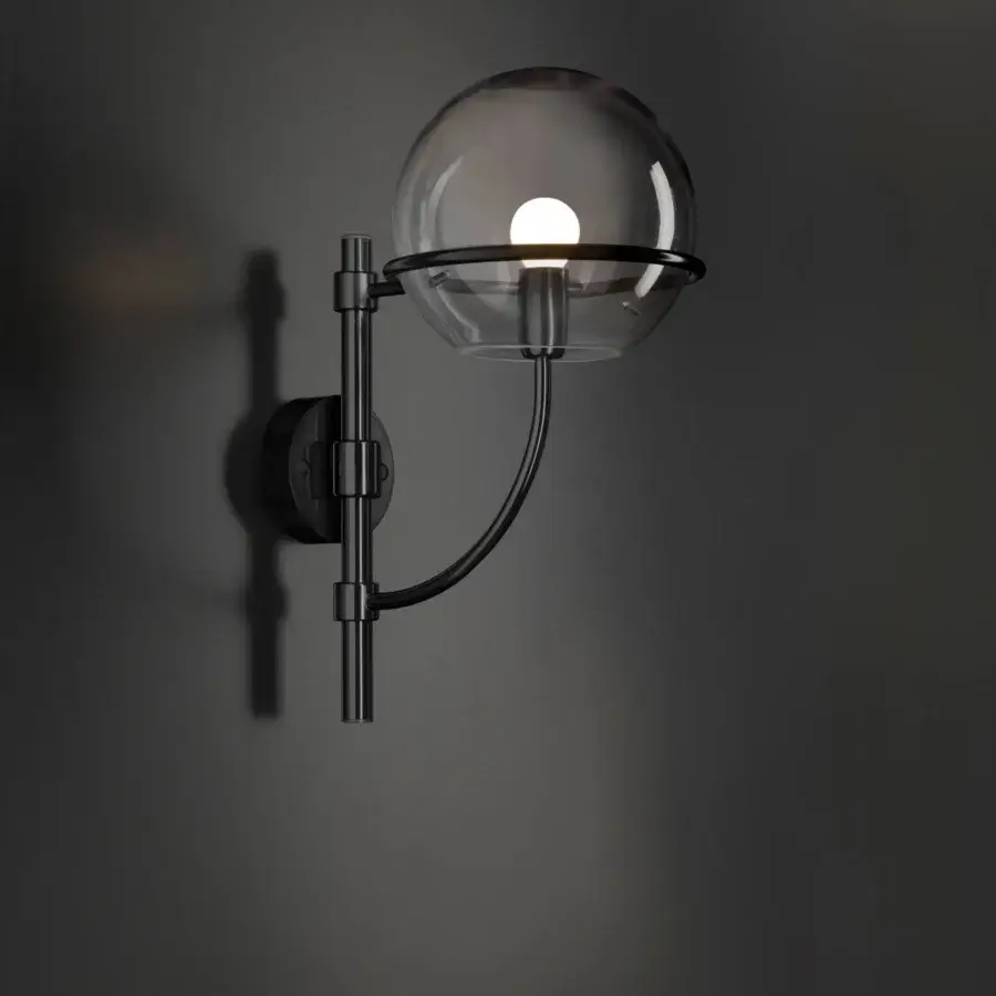 Exclusive Oluce Lyndon wall lamp with a curved form in dark metal and smoky gray polycarbonate