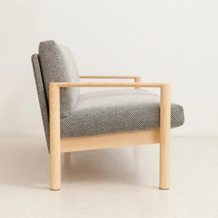 Superior Lapalma 10:30 sofa built with a solid ash base and upholstered in subtly patterned gray and white textile fabric