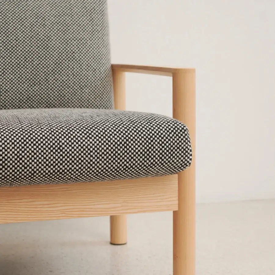 Distinguished Lapalma 10:30 sofa built with a solid ash base and upholstered in dark gray-blue textured textile with a subtle geometric pattern