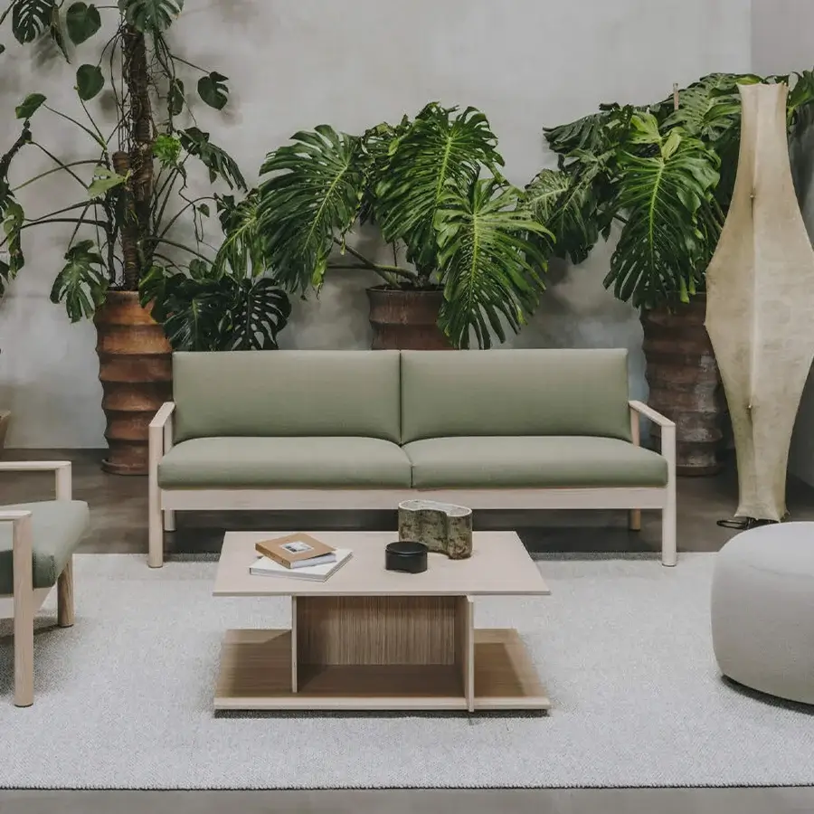 Architectural Lapalma 10:30 sofa crafted with a solid ash base and upholstered in muted sage green textile