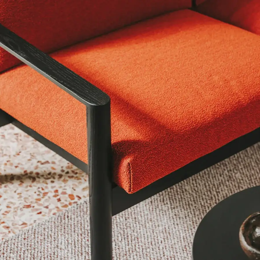 Superior Lapalma 10:30 sofa upholstered in vibrant red-orange textile with a solid ash base crafted in Italy