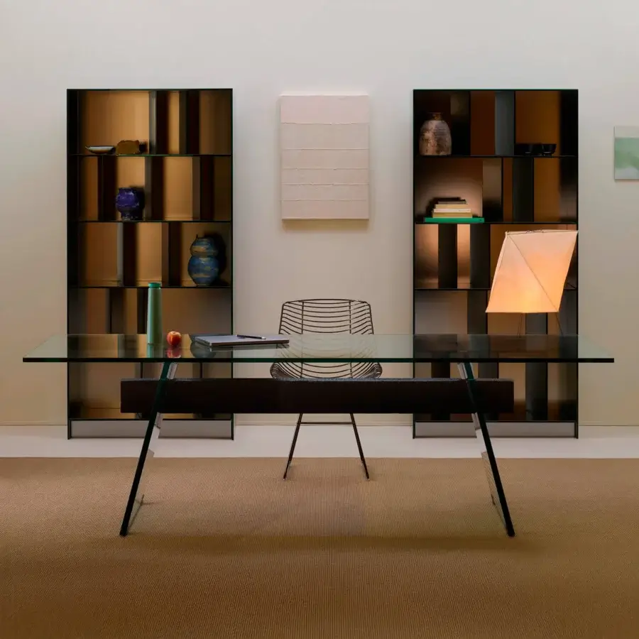 Exceptional Glas Italia Compression table with transparent glass and a brushed wax finished solid oak beam