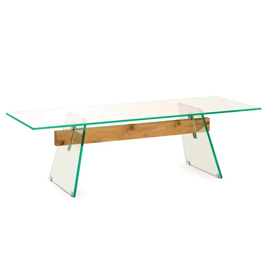 Superior Glas Italia Compression table with transparent tempered glass and a deeply brushed wax finished oak beam