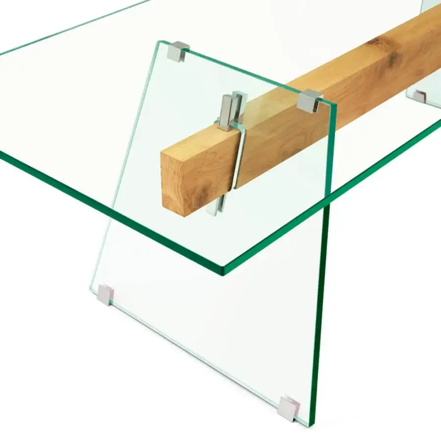 Elegant Glas Italia Compression table with transparent glass and a deeply brushed wax-finished solid oak beam