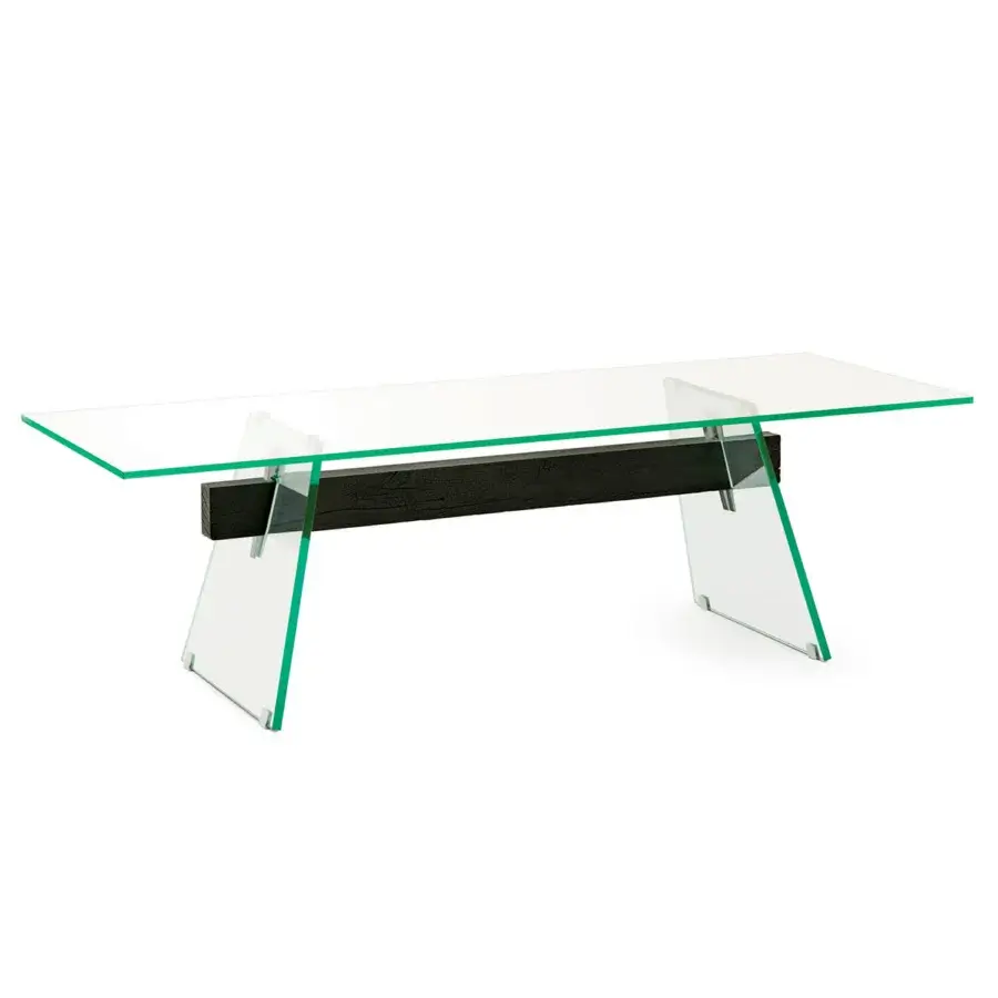 Distinguished Glas Italia Compression table with transparent glass and a deeply brushed wax finished solid oak beam