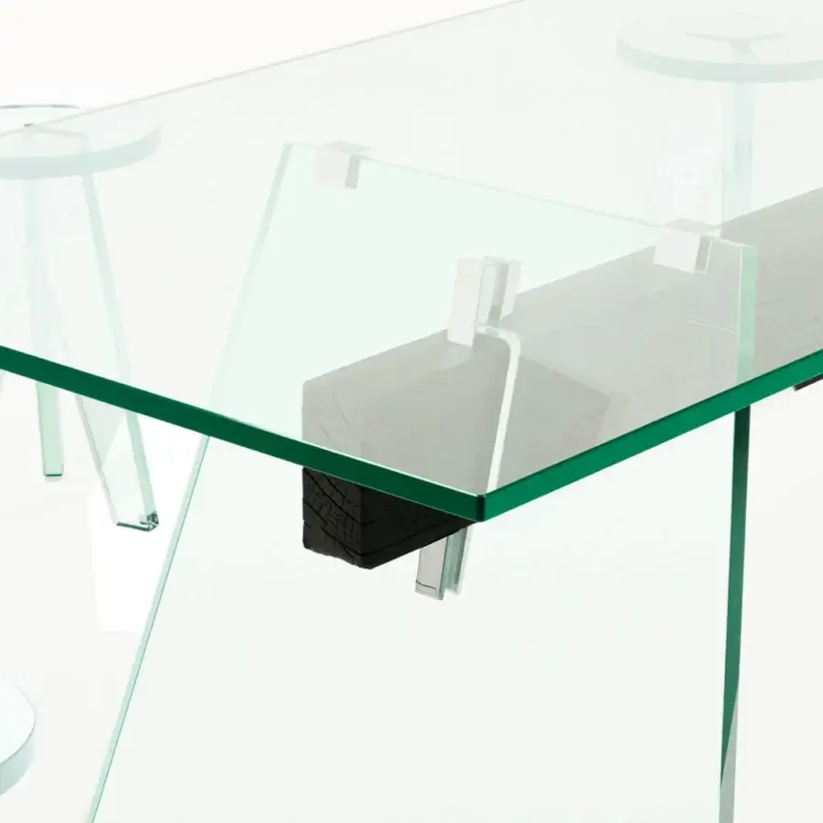Exceptional Glas Italia Compression table with transparent glass and a deeply brushed solid oak beam