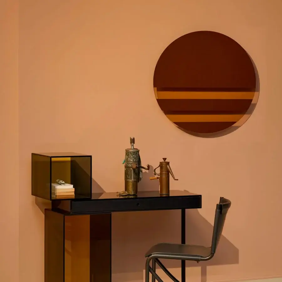 Elegant Glas Italia Ratio desk crafted with cantilevered smoked glass and solid matt black ash, featuring a velvet-lined drawer