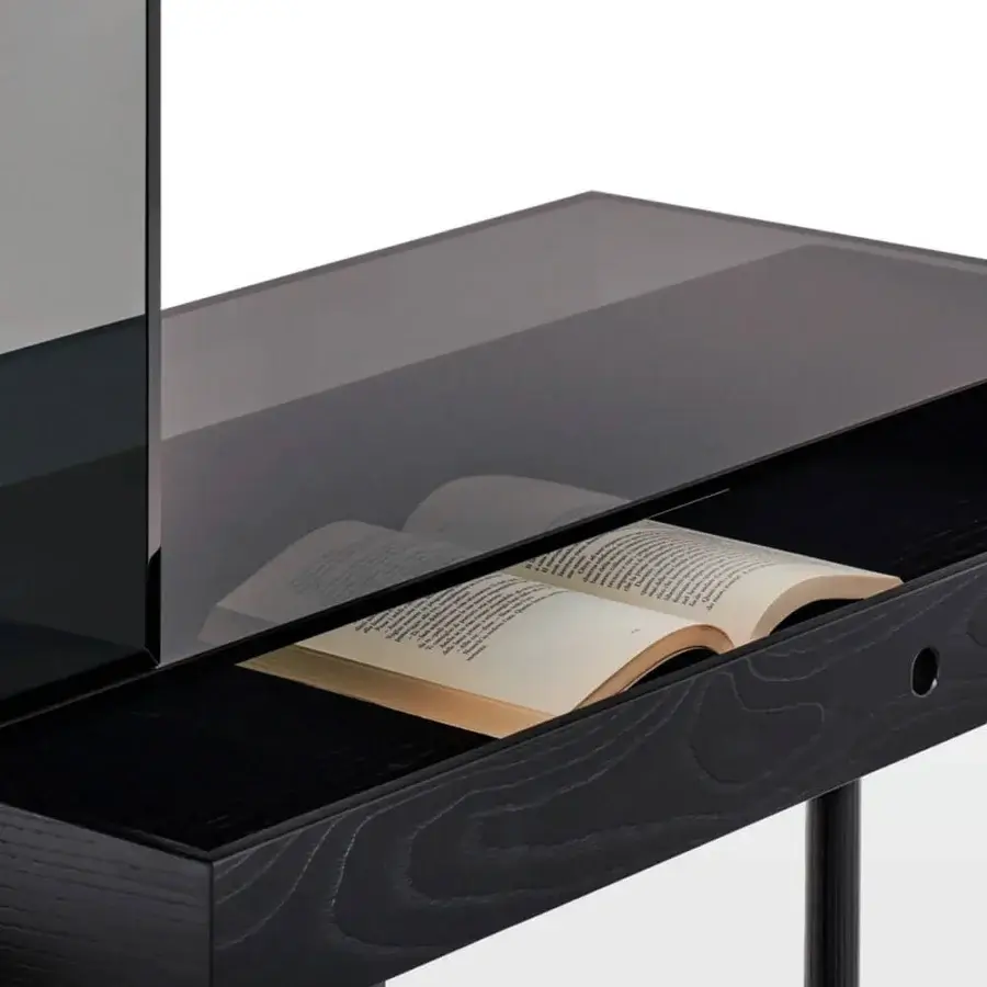 Exceptional Glas Italia Ratio desk crafted with cantilevered smoked glass and solid black-stained ash with glossy finish
