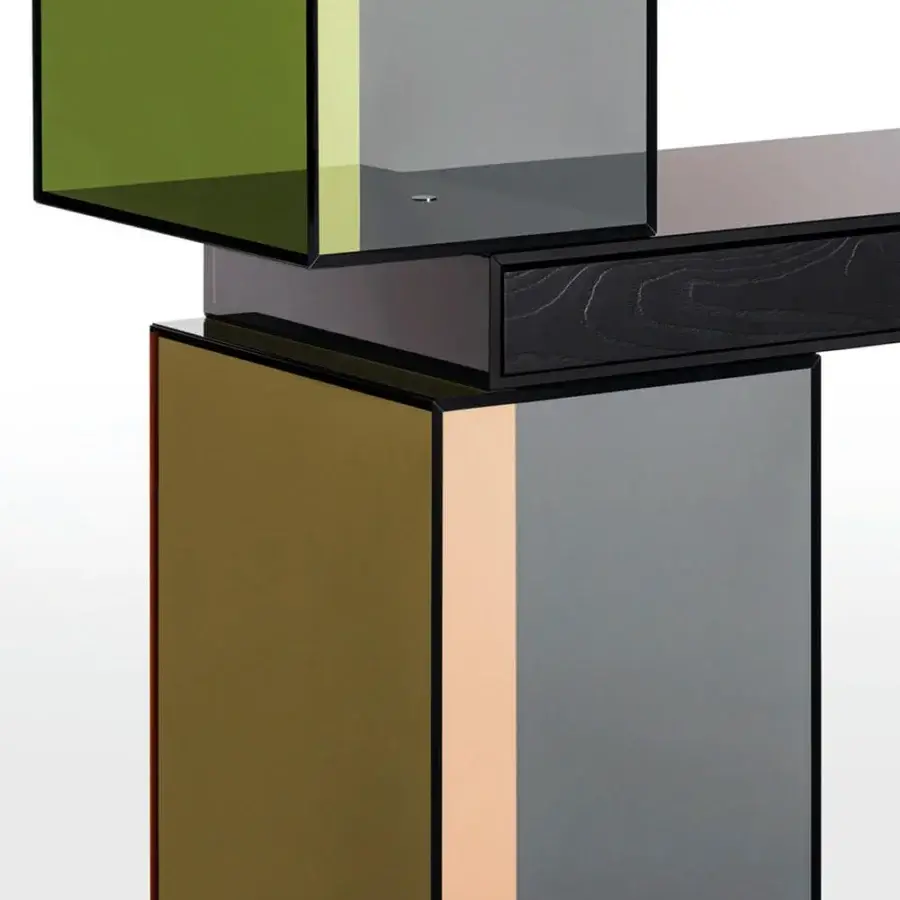 Superior Glas Italia Ratio desk with cantilevered smoked glass, black-stained ash, and velvet-lined recessed storage