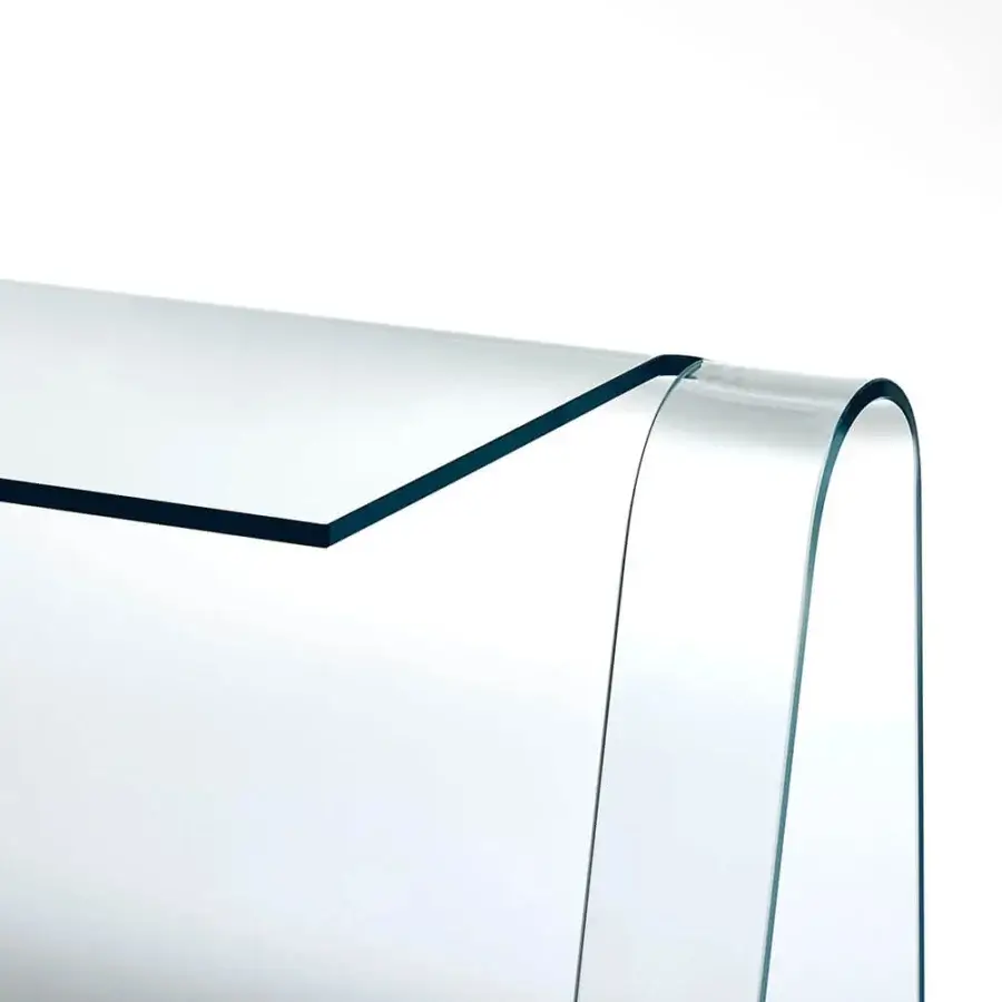 Distinguished Glas Italia Folio desk built from a single sheet of transparent glass with a glossy finish and dark metallic accent