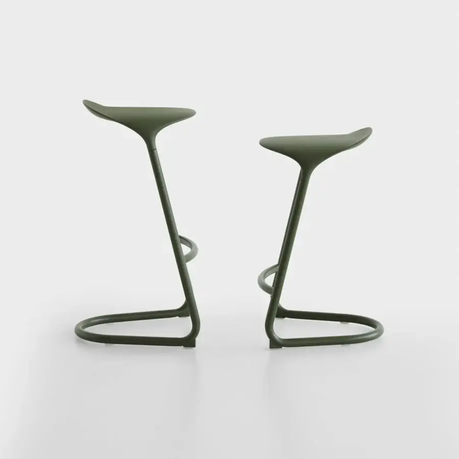 Distinguished Lapalma Cross stool crafted in recyclable metal and polyurethane with a smooth matte olive green finish