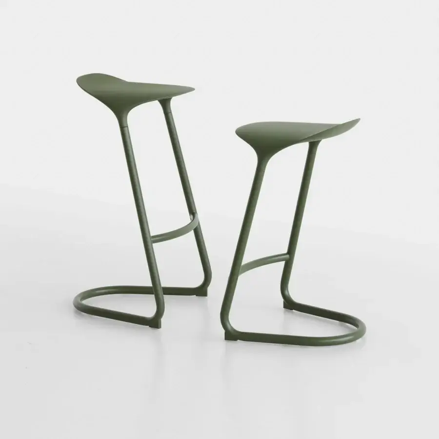 Elegant Lapalma Cross stool crafted in recyclable metal and polyurethane with a matte olive green finish