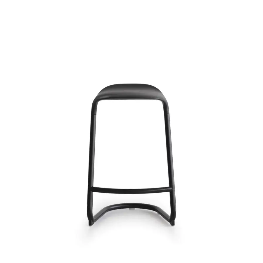 Distinguished Lapalma Cross stool in recyclable metal and polyurethane with a matte black finish and continuously curved silhouette