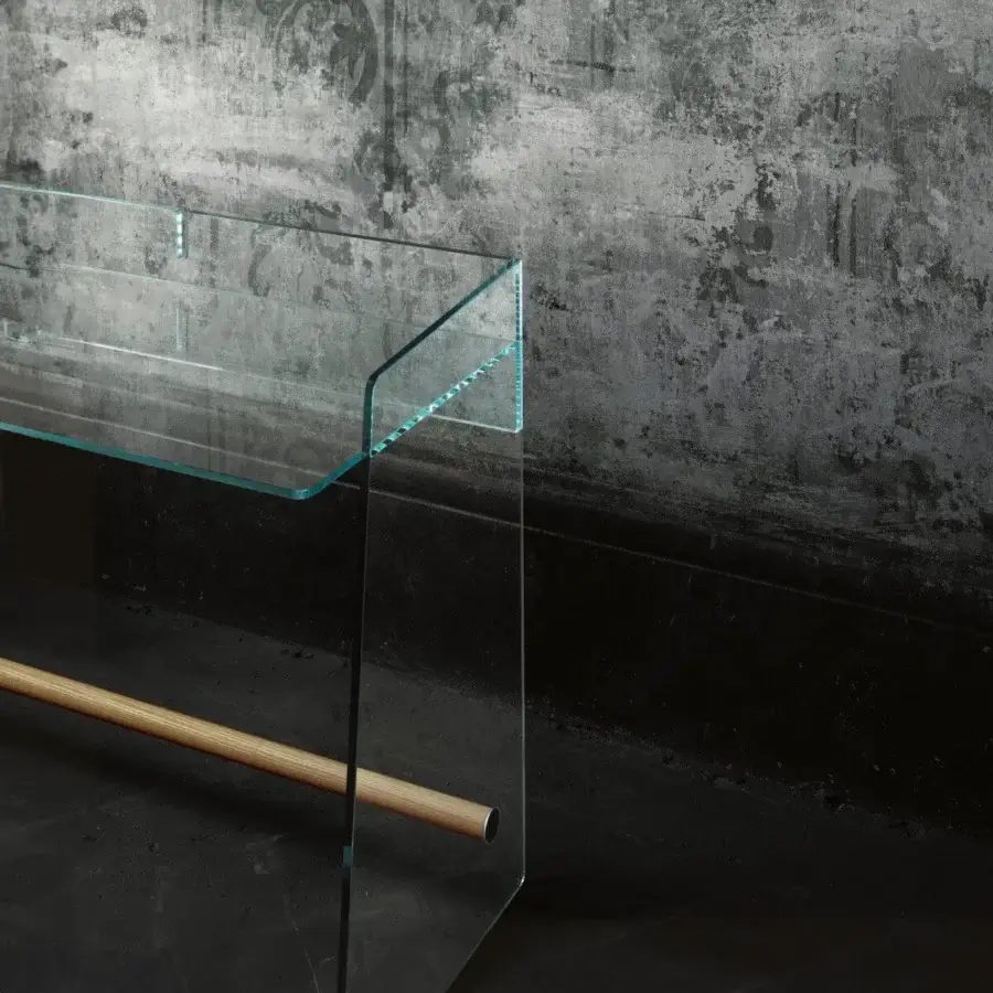 Exceptional Glas Italia Pirandello desk crafted from transparent pale blue-green tempered glass with a natural ash footrest
