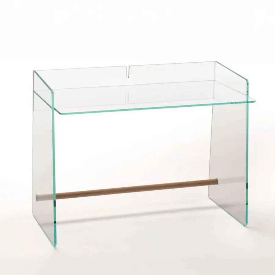 Luxury Glas Italia Pirandello desk crafted from transparent pale green tempered glass with a glossy finish and natural ash footrest