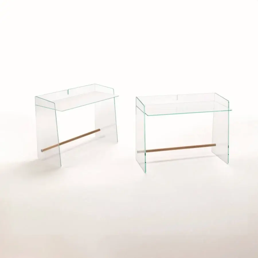 Superior Glas Italia Pirandello desk crafted from transparent tempered extralight glass with natural ash footrest bar