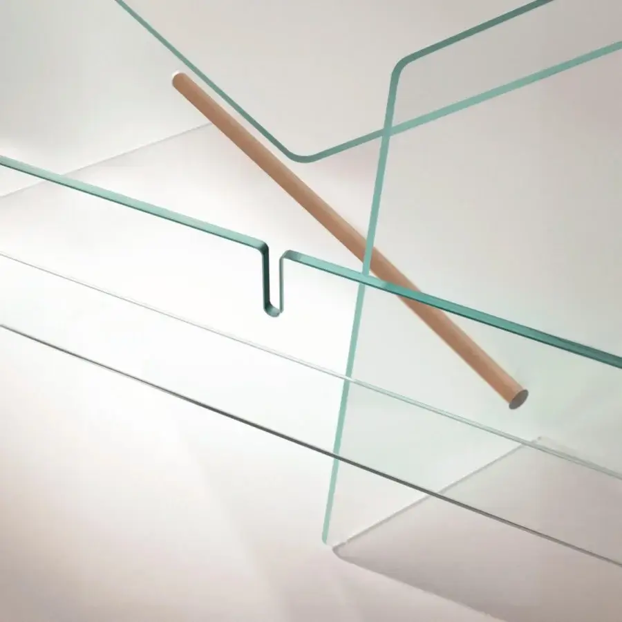 Distinguished Glas Italia Pirandello desk built from pale green tempered extralight glass with a satin natural ash footrest bar