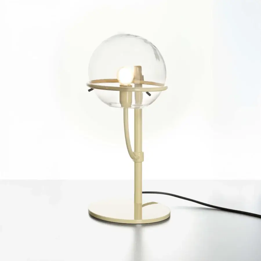 Distinguished Oluce Lyndon table lamp crafted in Italy with satin metal and transparent polycarbonate spheres