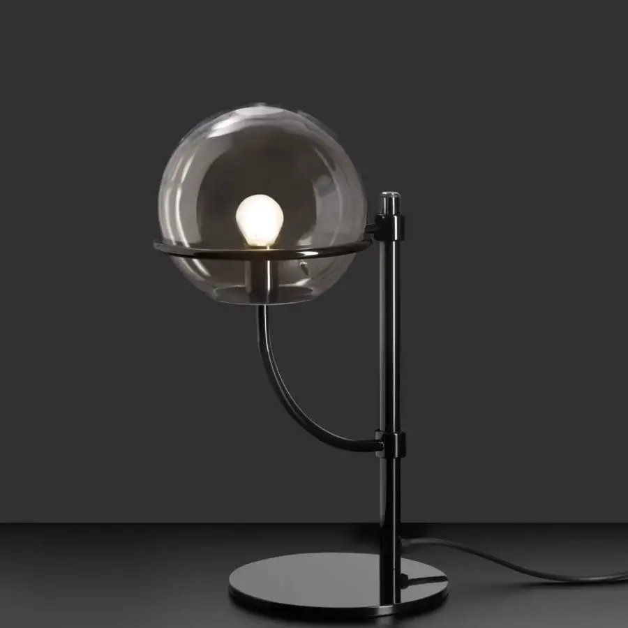 Superior Oluce Lyndon table lamp with a sleek black metal frame and luminous transparent polycarbonate spheres crafted in Italy