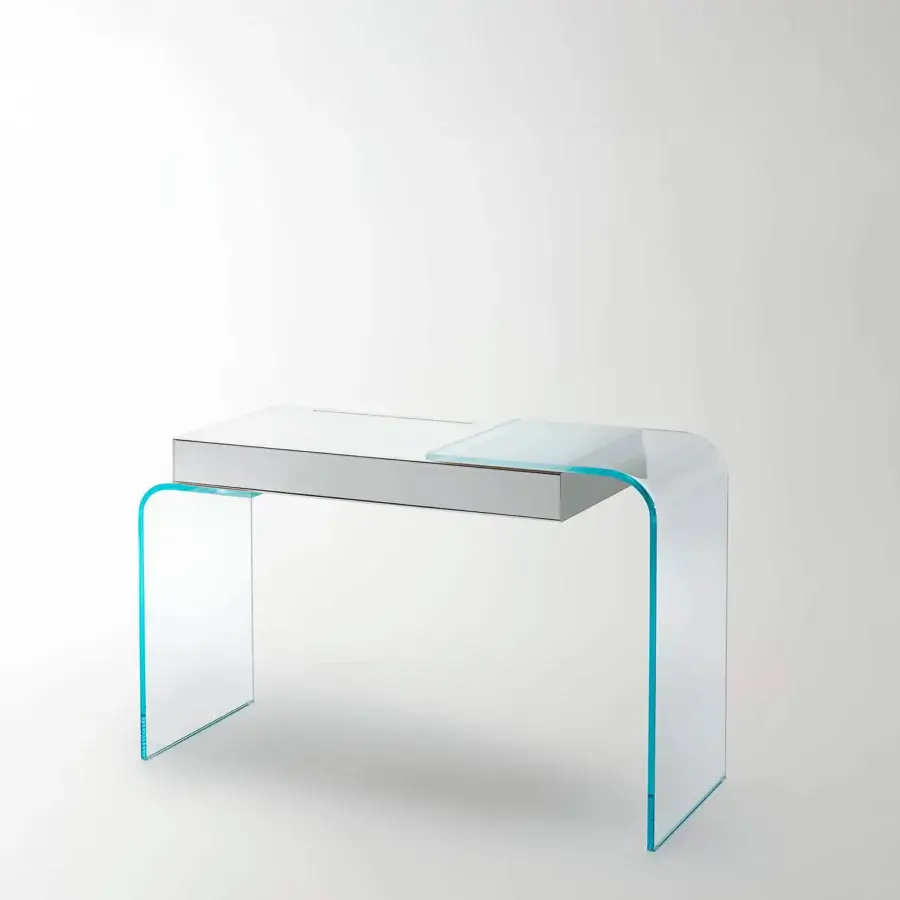 Exceptional Glas Italia Strata desk crafted from glossy lacquered extralight glass with a subtle blue tint and silver-grey metallic accent