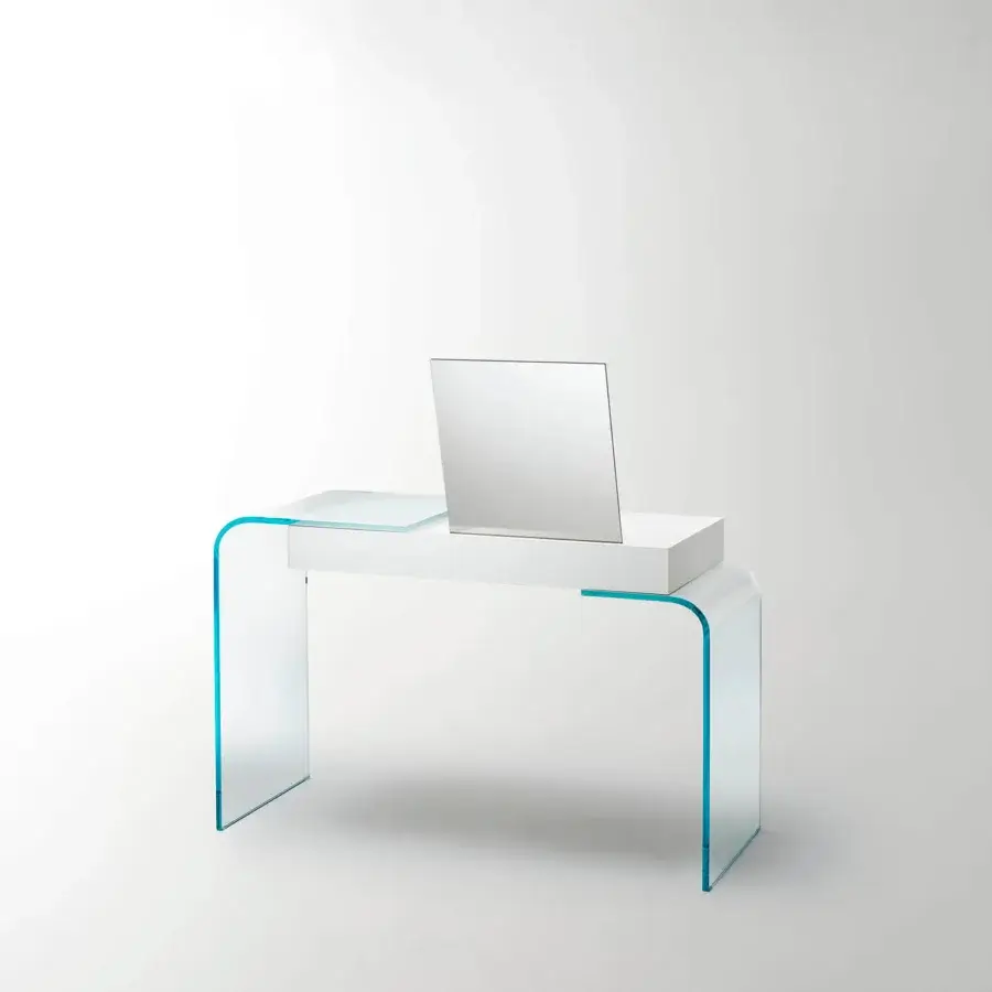 Superior Glas Italia Strata desk in white lacquered tempered glass with gracefully curved extralight glass legs and touch-latch drawer